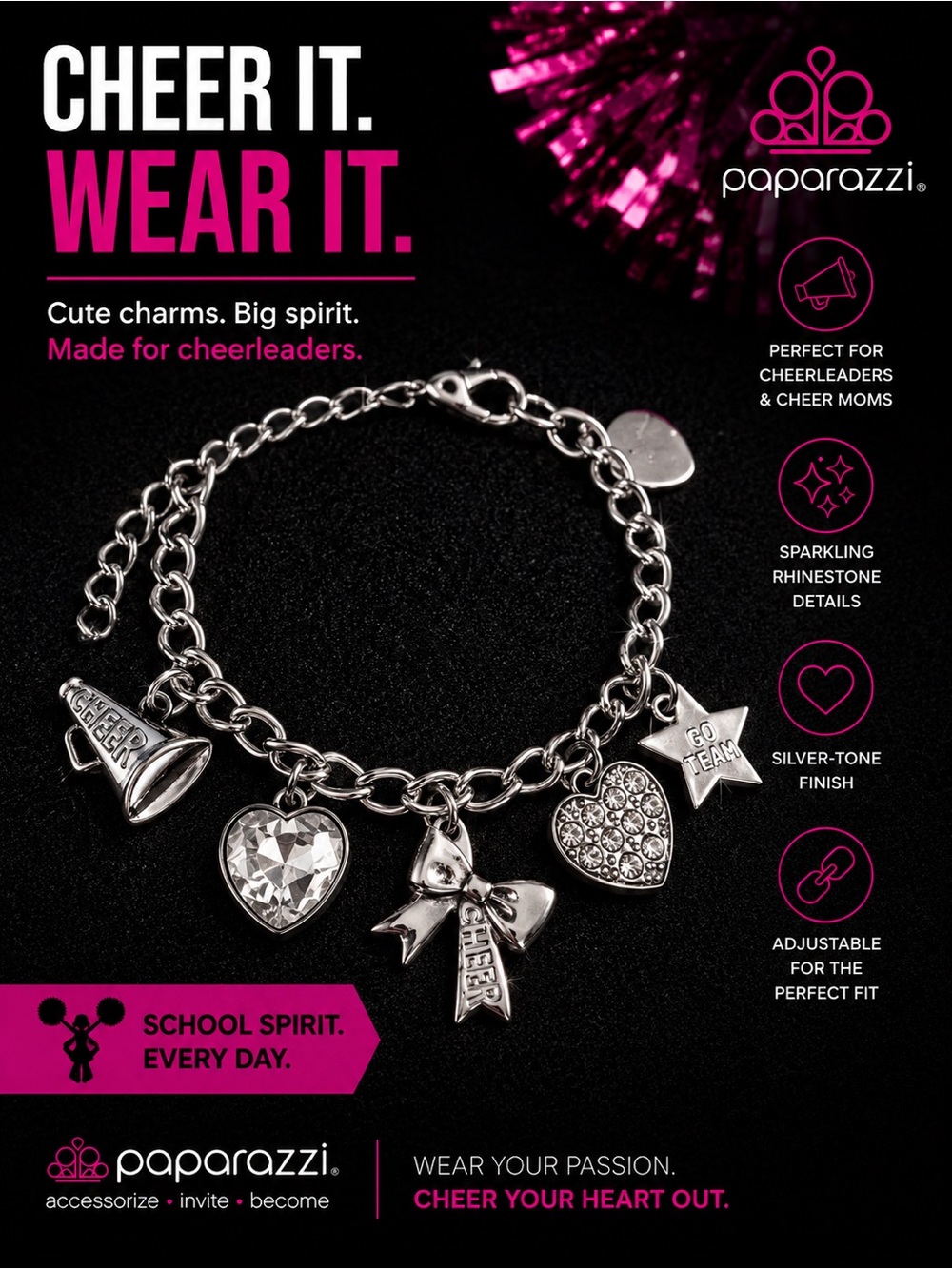 paparazzi Silver-Tone Cheer Charm Bracelet with Pink Accents